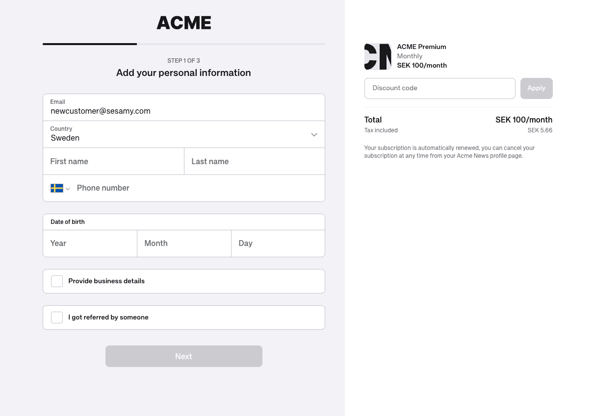 Sesamy hosted checkout, ACME-branded, with personal info form and subscription summary
