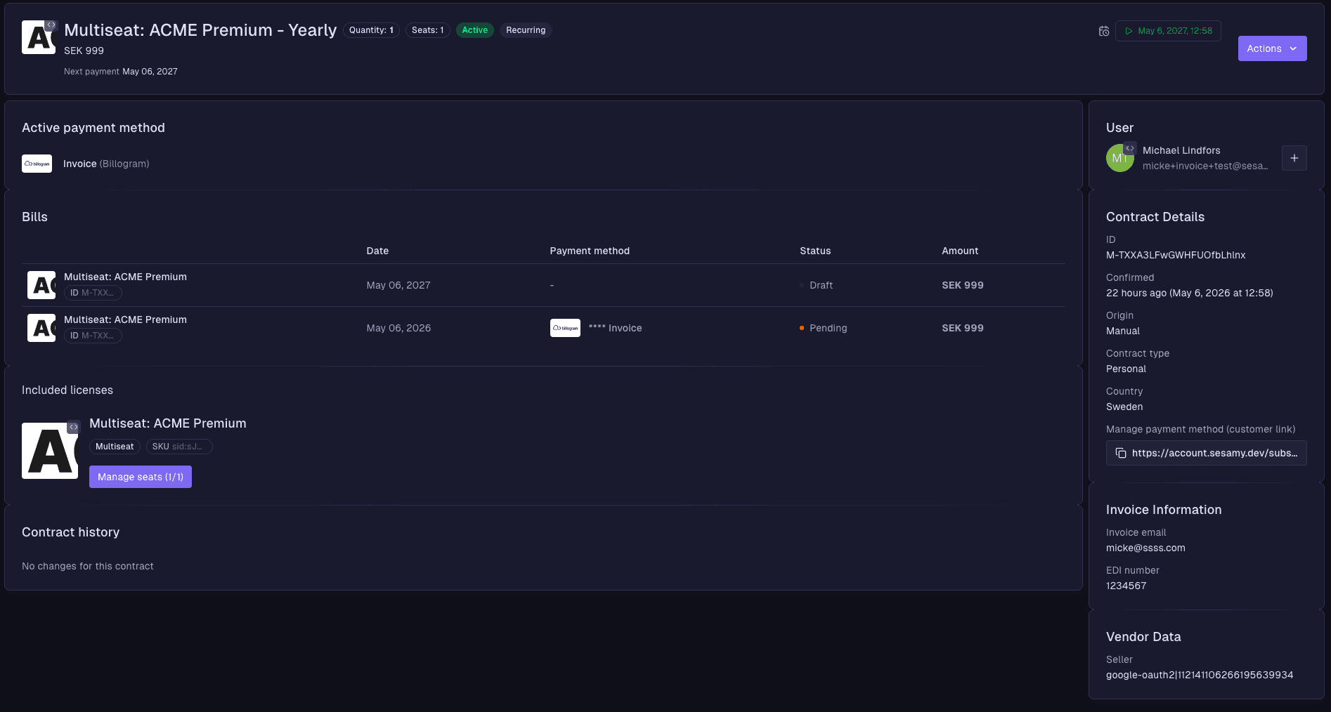 Sesamy portal showing an ACME Premium multiseat subscription with bills, contract details, and seat management