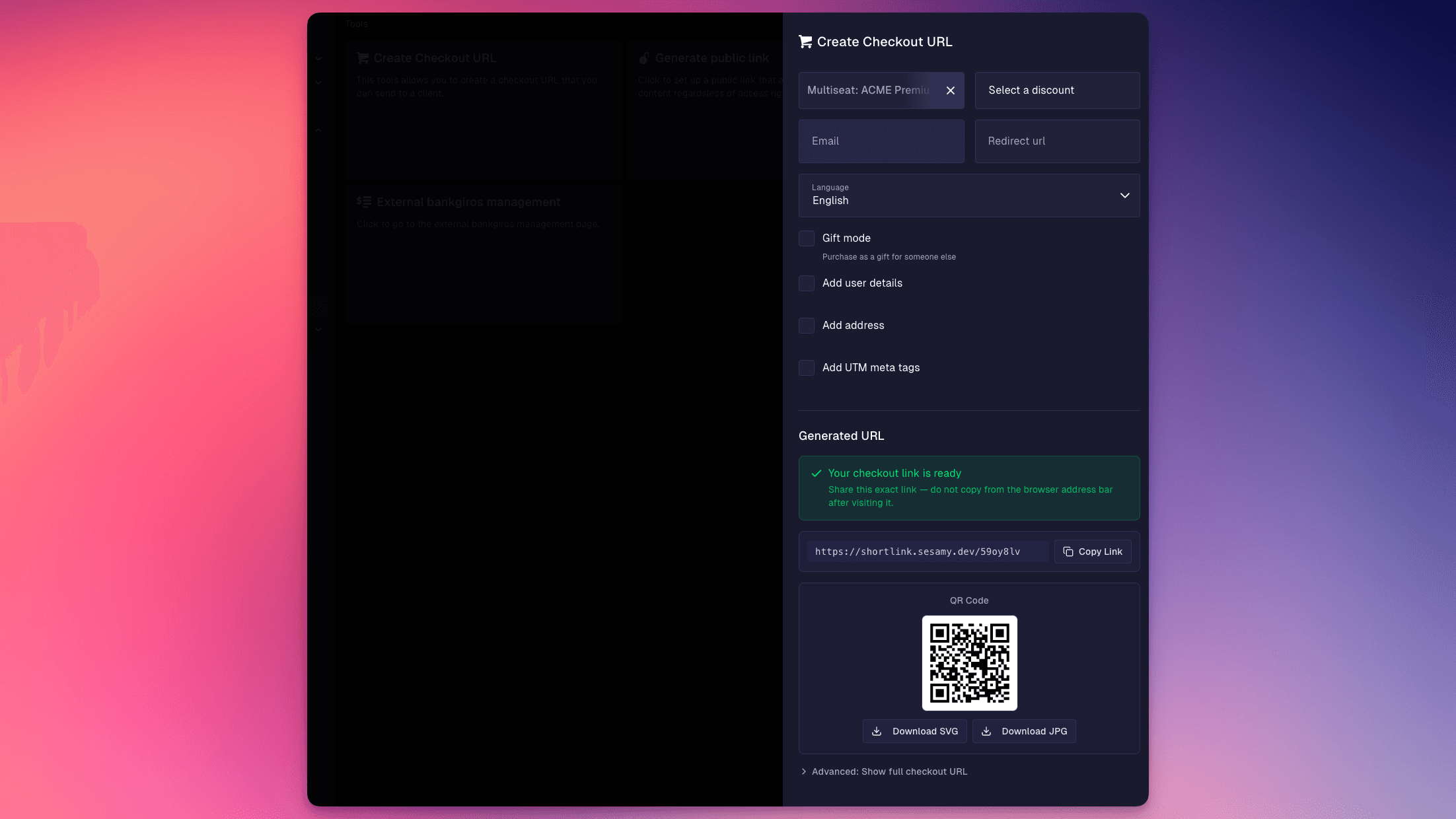 The Create Checkout URL panel in the portal, with fields for email, redirect URL, language and gift mode, and a generated short link with its QR code
