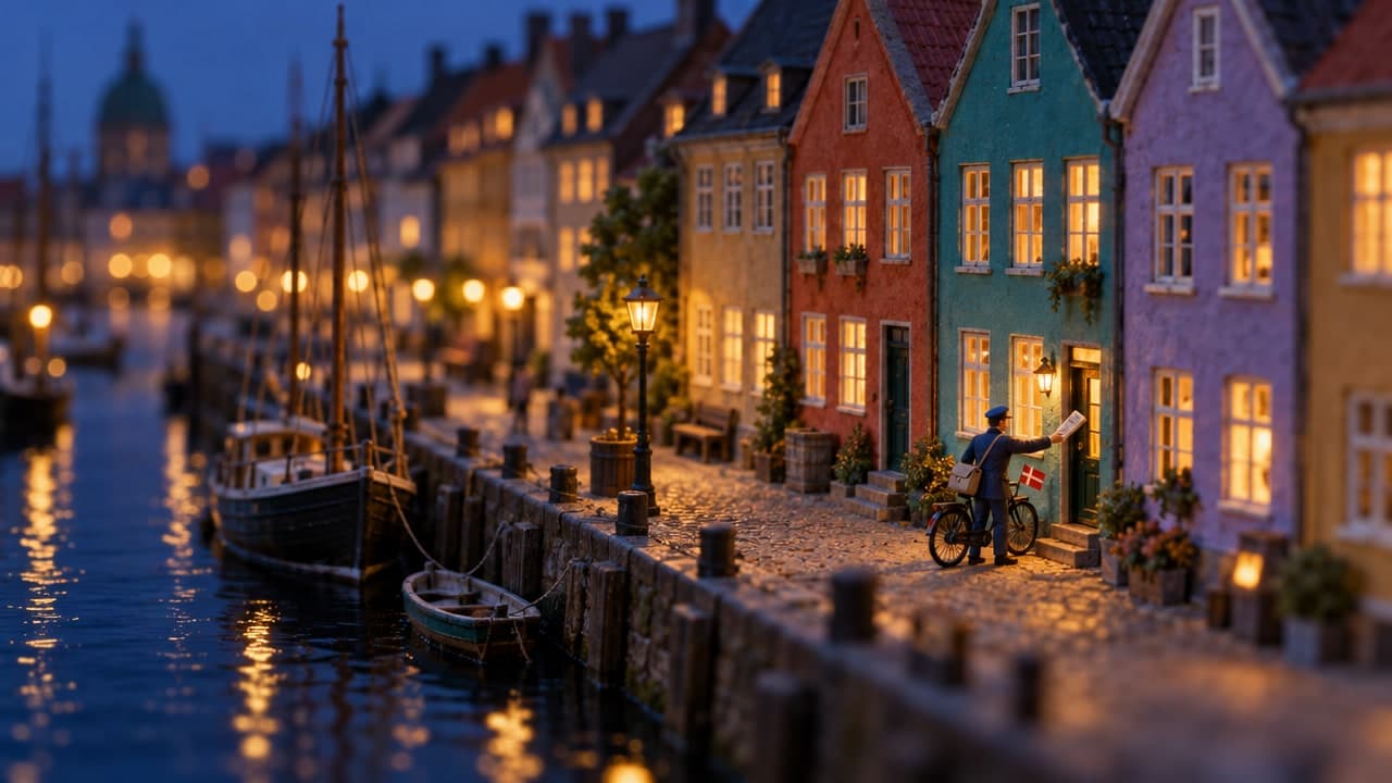 Miniature model of a Copenhagen harbour street at dusk with a newspaper carrier on a bicycle