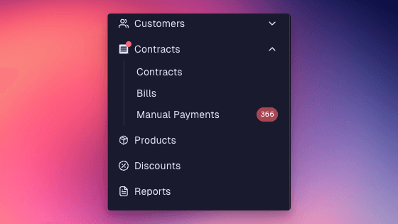 The portal menu with Manual Payments under Contracts and a red badge showing the number of bills that need attention