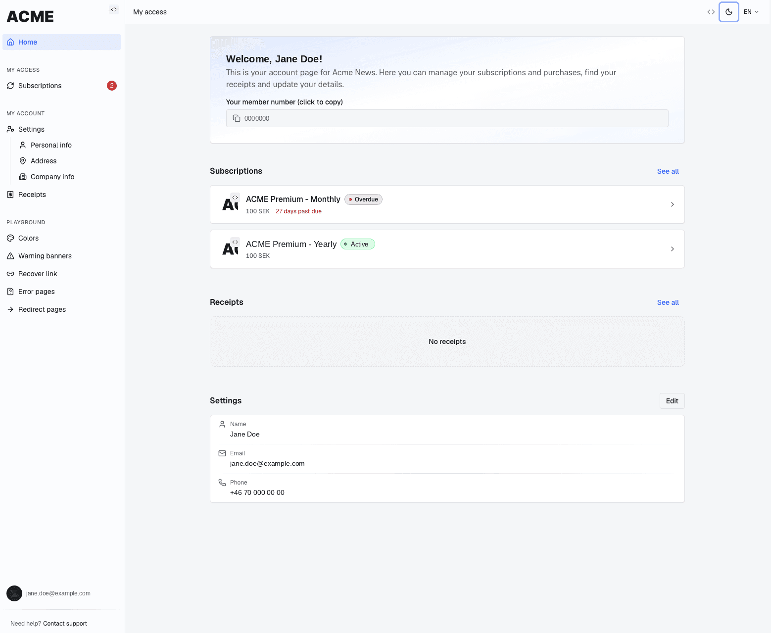 The new reader account page for a demo publisher, with subscriptions, receipts and account settings on one page