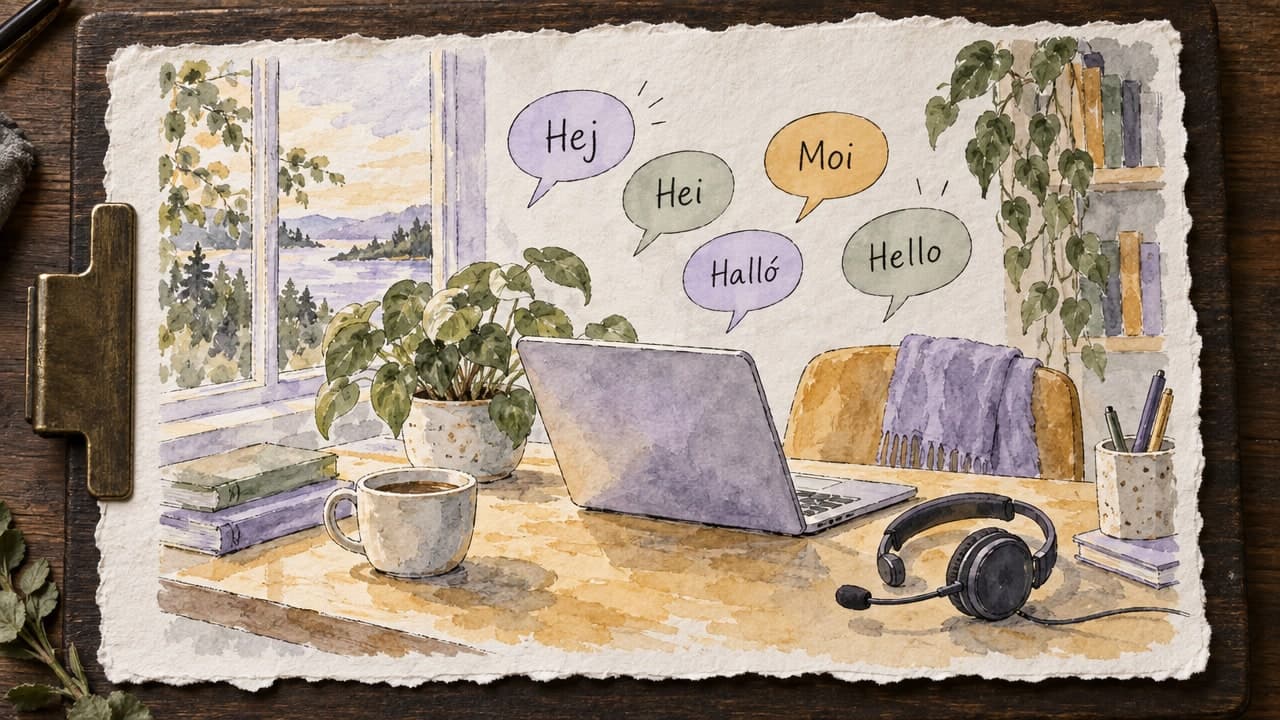 Watercolour sketch of a support desk with a headset, a laptop and speech bubbles saying hej, hei, moi, halló and hello