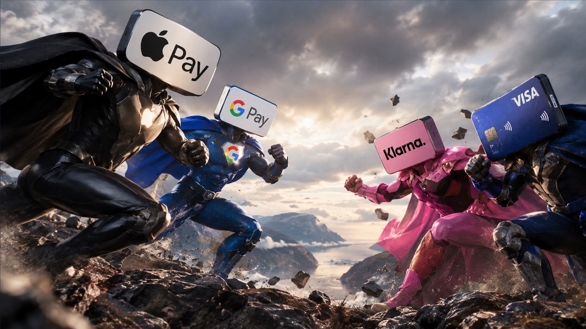 Four superheroes with Apple Pay, Google Pay, Klarna and Visa for heads, fighting on a Norwegian fjord ledge