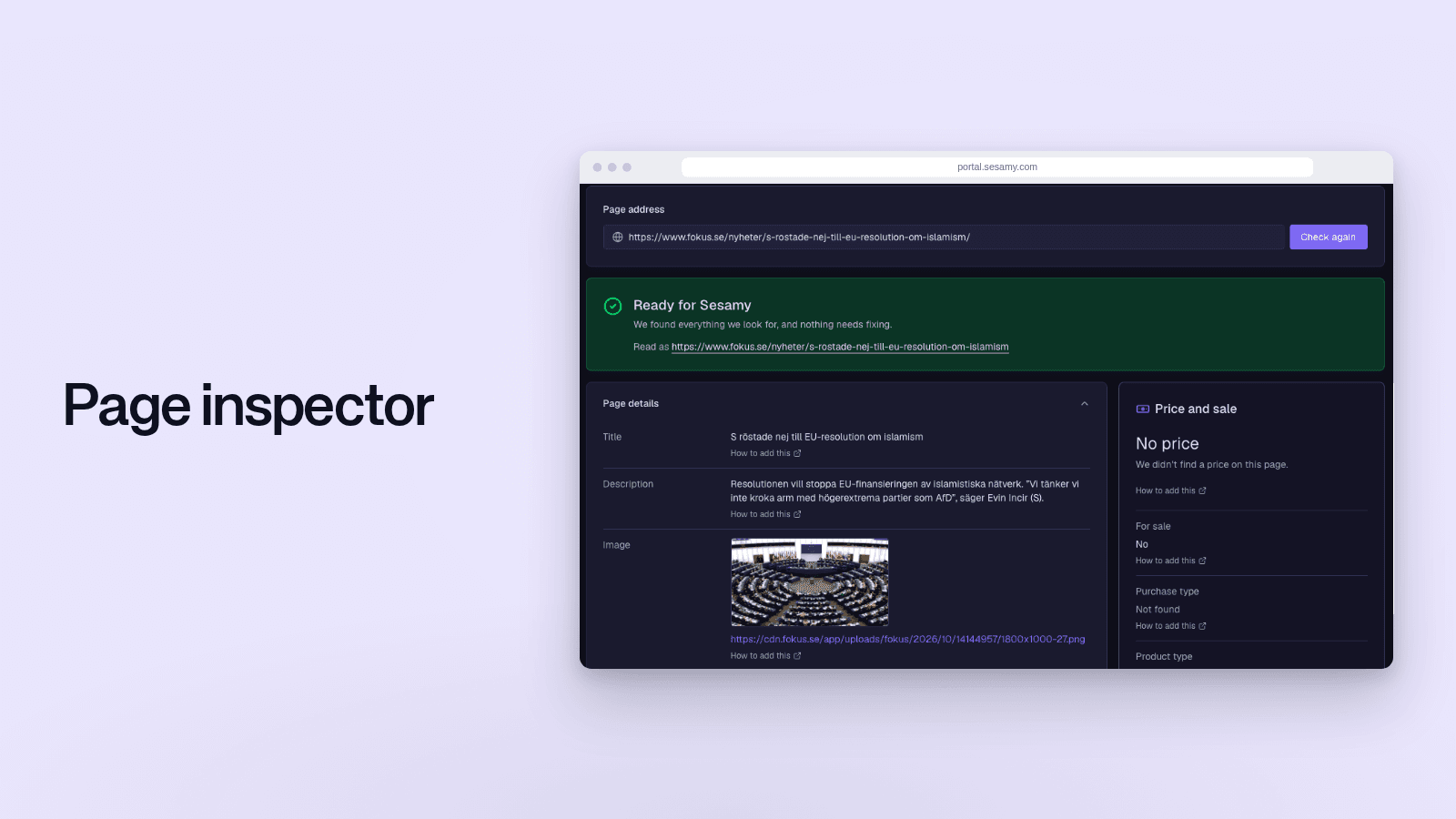 The headline "Page inspector" beside a browser window showing the portal page inspector with a "Ready for Sesamy" result for an article