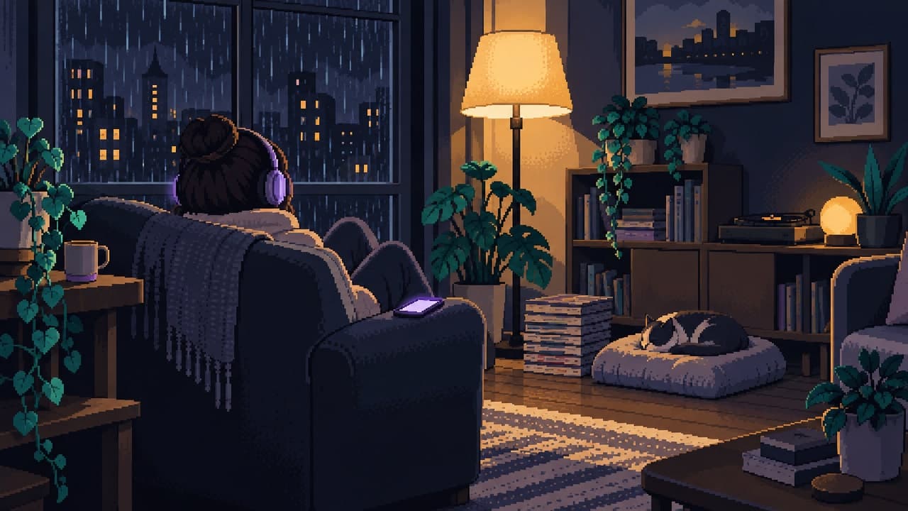 Pixel-art living room at night with a listener in headphones in an armchair and a phone on the armrest
