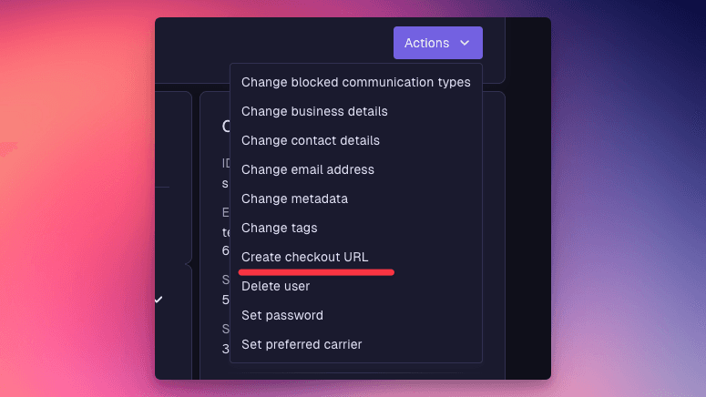 The Actions menu on a customer in the portal, with Create checkout URL underlined