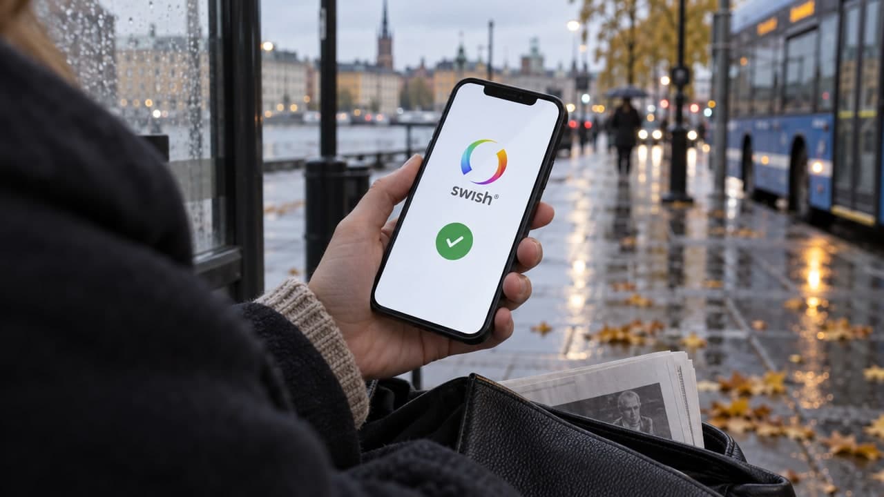 A phone showing a Swish payment confirmation at a rainy Stockholm bus stop